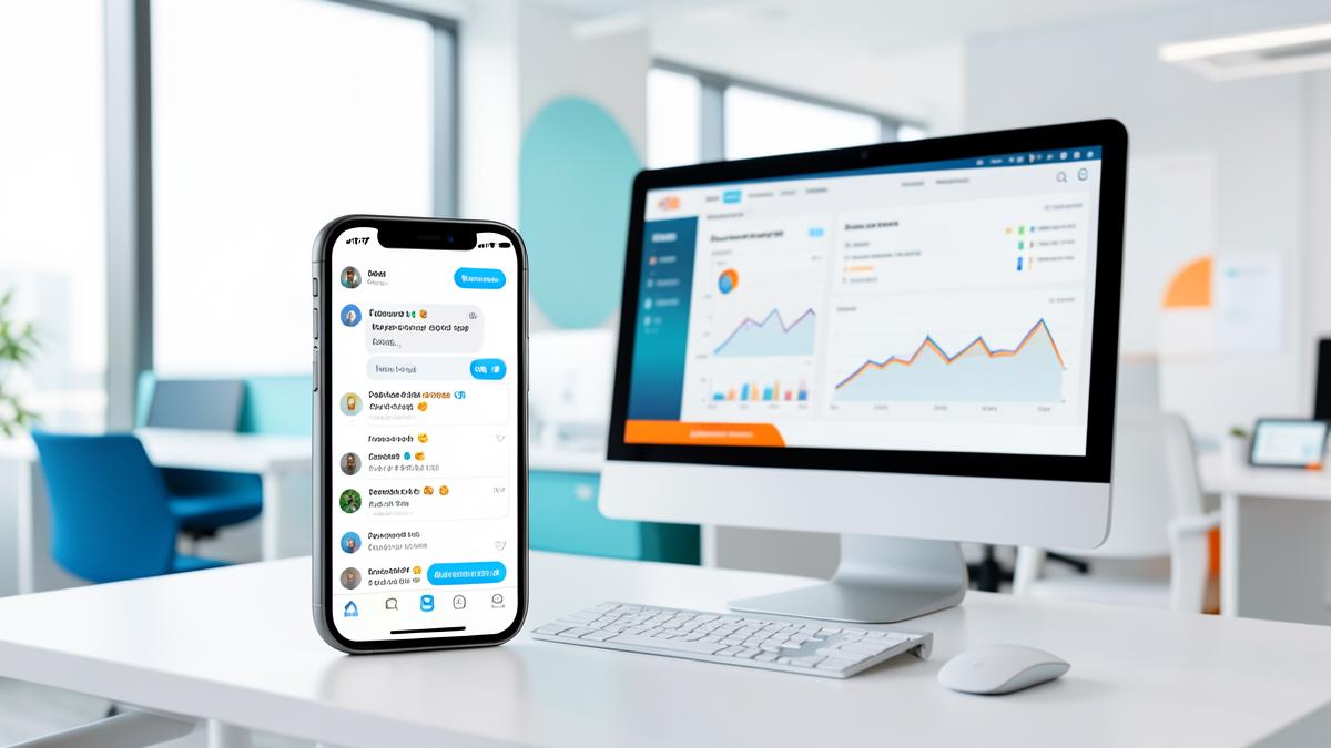 Celular com conversa comercial ao lado de painel de métricas